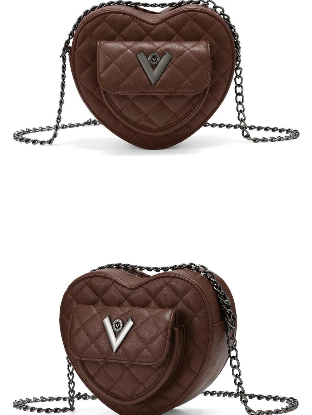 Valentino Brown Quilted Heart Crossbody with Gunmetal Chain